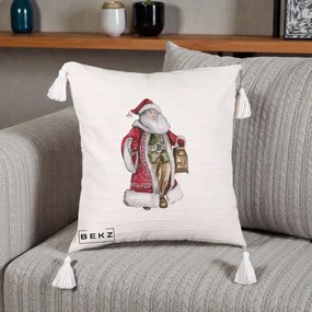 Perna Decorativa Mos Craciun Vintage cu Felinar, 40x40 cm, Bej cu Franjuri, Husa Detasabila, Perna Inclusa, BEKZ®