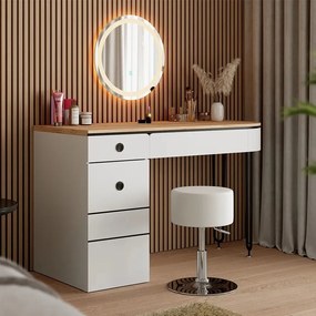 Masuta machiaj cu Oglinda LED si 2 Sertare pentru Cosmetice, Set Masa toaleta 120 cm, Alb, masuta cosmetica, vanity - SEA808