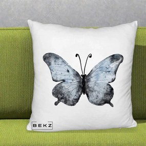 Perna Decorativa Fluture Acuarela Albastru-Gri, 40x40 cm, Alb Pufos, Husa Detasabila, Perna Inclusa, BEKZ®