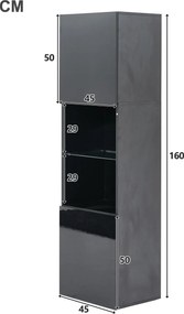 Vitrină lucioasă cu iluminare LED, 1 raft de sticlă, 45x35x160 cm, Negru