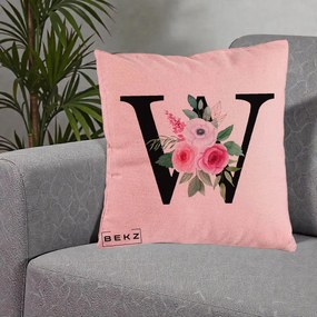 Cadou Personalizat - Perna Personalizata Monograma Florala Litera W cu Trandafiri si Anemona, 40x40 cm, Roz, Husa Detasabila, Perna Inclusa, BEKZ®