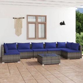 Set mobilier de gradina cu perne, 8 piese, gri, poliratan gri si bleumarin, 2x colt + 5x mijloc + masa, 1