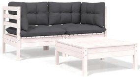 vidaXL Set mobilier de grădină cu perne, 3 piese, alb, lemn masiv pin