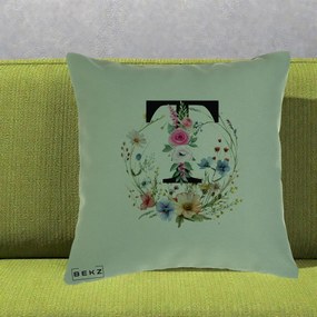 Cadou Personalizat - Perna Personalizata Monogram Litera T cu Flori Acuarela, 40x40 cm, Verde, Husa Detasabila, Perna Inclusa, BEKZ®