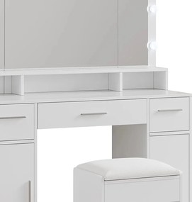 Masuta machiaj cu Oglinda LED si 3 Sertare pentru Cosmetice, Set Masa toaleta 110 cm, Alb, masuta cosmetica, vanity - SEA809