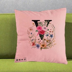 Cadou Personalizat - Perna Personalizata Monograma Florala Litera V cu Coroana, 40x40 cm, Roz, Husa Detasabila, Perna Inclusa, BEKZ®