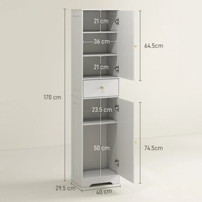 HOMCOM Dulap baie înalt, mobilier depozitare coloană cu dulapuri, sertar și rafturi reglabile 40x29,5x170cm alb | Aosom Romania