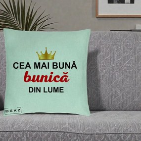 Cadou pentru Bunica - Perna Personalizata Cea Mai Buna Bunica Din Lume Coroana Aurie, 40x40 cm, Verde Menta, Husa Detasabila, Perna Inclusa, BEKZ®
