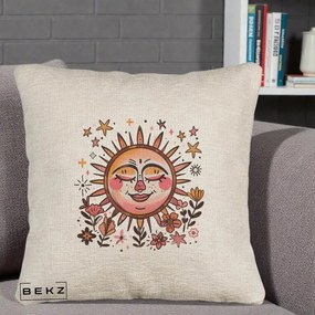 Perna Decorativa Soare Retro Boho Floral, 40x40 cm, Bej Canapea, Husa Detasabila, Perna Inclusa, BEKZ®