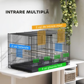 PawHut Colivie pentru Păsări cu Separator, Raft Inferior, 4 Stinghii și 4 Hrănitoare, 94x57x57 cm, Negru | Aosom Romania