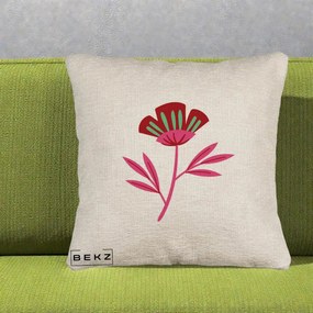 Perna Decorativa Floare Macul Roz-Rosu Grafic, 40x40 cm, Bej Canapea, Husa Detasabila, Perna Inclusa, BEKZ®