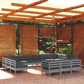 3097285 vidaXL Set mobilier de grădină cu perne, 13 piese, gri, lemn masiv pin