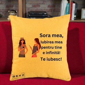 Cadou pentru Sora - Perna Personalizata Sora Mea Te Iubesc Doua Fete cu Telefoane, 40x40 cm, Galben, Husa Detasabila, Perna Inclusa, BEKZ®
