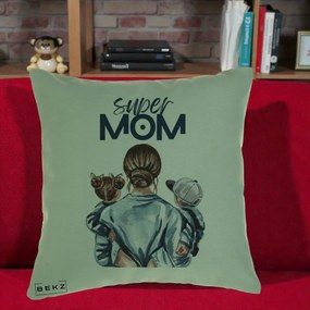 Cadou pentru Mama - Perna Personalizata Super Mom, 40x40 cm, Verde, Husa Detasabila, Perna Inclusa, BEKZ®