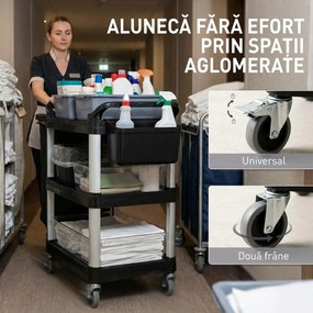 HOMCOM Carucior Profesional pentru Curățenie cu 3 Rafturi, 2 Recipiente Detașabile, Găleată Laterală și 4 Roți, Negru | Aosom Romania