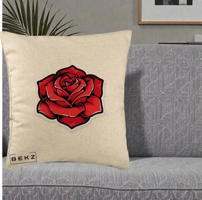Perna Decorativa Trandafir Rosu Tattoo, 40x40 cm, Bej, Husa Detasabila, Perna Inclusa, BEKZ®