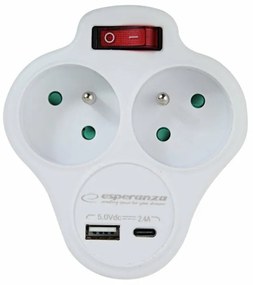 Adaptor dublu stecher Esperanza ELK311W switch ON/OFF cu incarcator USB-C/USB-A Alb