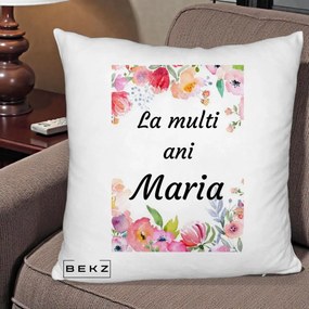 Cadou de Onomastica - Perna Personalizata La Multi Ani Maria Flori Acuarela, 40x40 cm, Alb Pufos, Husa Detasabila, Perna Inclusa, BEKZ®