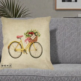 Perna Decorativa Bicicleta Galbena cu Cos de Flori Primavara, 40x40 cm, Crem, Husa Detasabila, Perna Inclusa, BEKZ®