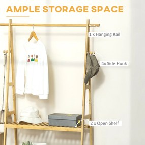 Suport pentru Umerase HOMCOM cu 2 Rafturi si 4 Carlige Laterale, Structura din bambus, 100L x 42l x 155lcm, Culoarea Lemnului