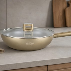 Tigaie wok cu capac Swiss Haus Speiez Castle SH-SCW28CH, 4,2 l, 28 cm, Acoperire ceramica Sapphire, pentru toate plitele inclusiv inductie, Sampanie