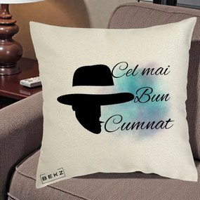 Cadou pentru Cumnat - Perna Personalizata Cel mai Bun Cumnat cu Silueta Palarie si Pete Teal-Roz, 40x40 cm, Ecru, Husa Detasabila, Perna Inclusa, BEKZ®