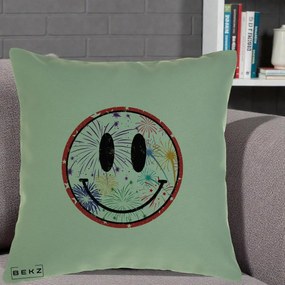 Perna Decorativa Smiley Face cu Artificii Multicolore, 40x40 cm, Verde, Husa Detasabila, Perna Inclusa, BEKZ®