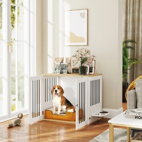 PawHut Cușcă pentru câini, masă de cafea, boluri mobile rotative la 360°, 2 uși pentru câine de talie medie 80x55x71,5 cm alb | Aosom Romania