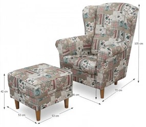 Fotoliu cu taburet, material textil în stilul patchwork Viorica 1, ASTRID