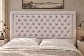 Pat tapițat Chesterfield din catifea Ophelia Deluxe 120×200 cm, crem, cu ladă de depozitare