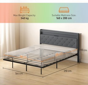 HOMCOM Cadru de pat 160 x 200 cm cu somieră din oțel, pat dublu plutitor cu lumini LED RGB și stație de încărcare, gri | Aosom Romania