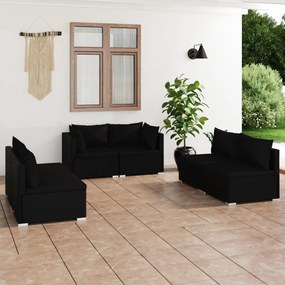 Set mobilier de gradina cu perne, 6 piese, negru, poliratan Negru, 4x mijloc + 2x colt, 1