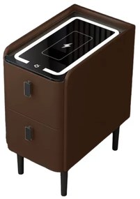 Noptieră inteligentă slim cu încărcare wireless, iluminare LED și 2 sertare – culoare maro, design modern din sticlă și lemn