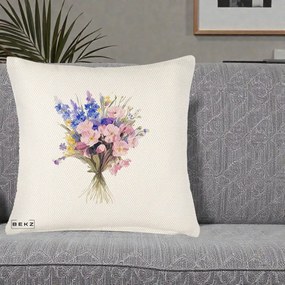 Perna Decorativa Buchet Floral Acuarela Primavara, 40x40 cm, Crem Reliefat, Husa Detasabila, Perna Inclusa, BEKZ®