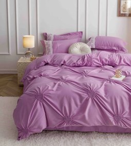 Lenjerie pat dublu, Inimi Brodate, 6 Piese, Finet Premium - Roz