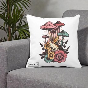 Perna Decorativa Ciuperci si Broaste Boho, 40x40 cm, Alba Mata, Husa Detasabila, Perna Inclusa, BEKZ®