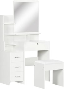 HOMCOM Post de machiaj cu oglindă mare din sticlă temperată, tocător de machiaj cu scaun căptușit, 4 sertare și 4 rafturi, post de machiaj pentru dormitor, alb | Aosom Romania