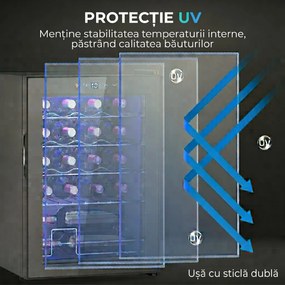 HOMCOM Frigider pentru Vinuri de 20 Sticle cu Temperatură Unică 5-18°C, Geam Anti-UV și Rafturi Reglabile, 43x45x64 cm, Negru | Aosom Romania