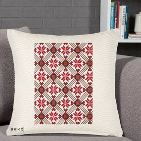 Perna Personalizata Motiv Traditional Ie Romaneasca Rosu, 40x40 cm, Crem Reliefat, Husa Detasabila, Perna Inclusa, BEKZ®