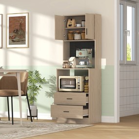 HOMCOM Mobilier pentru cuptor cu microunde, bufet, 2 sertare, 2 uși, blat de lucru, poliță reglabilă, panou perforat, 4 cârlige, lemn natural | Aosom Romania