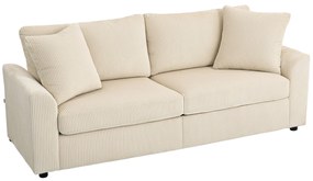 HOMCOM Canapea 3 Locuri din Catifea Reiată cu 2 Perne, 212x80x88 cm, Crem | Aosom Romania
