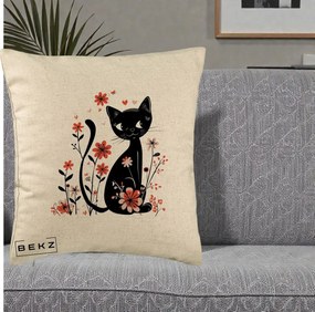 Perna Decorativa Pisica Neagra Flori Roz si Inimi, 40x40 cm, Bej, Husa Detasabila, Perna Inclusa, BEKZ®