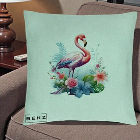 Perna Decorativa Flamingo cu Flori Tropicale Acuarela, 40x40 cm, Verde Menta, Husa Detasabila, Perna Inclusa, BEKZ®