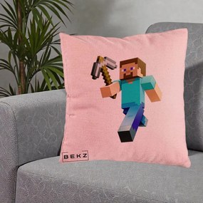 Perna Personalizata Minecraft Steve cu Tarnacop, 40x40 cm, Roz, Husa Detasabila, Perna Inclusa, BEKZ®