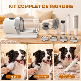 PawHut Kit de Toaletare pentru Câini și Pisici 5 în 1, cu Aspirator 10 kPa, Mașină de Tuns și Perie, Recipient 2,5 L, 3 Viteze, Silențios | Aosom Romania