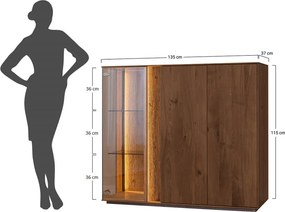 Vitrină lemn masiv Joasă Aurora Dublă Iluminată Stejar Fumuriu, 135 × 37 × 115 cm