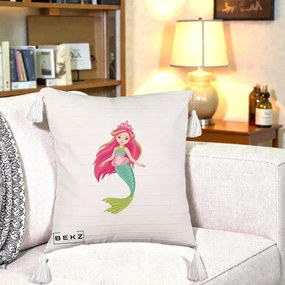 Perna Decorativa Sirena Roz cu Coroana, 40x40 cm, Bej cu Franjuri, Husa Detasabila, Perna Inclusa, BEKZ®