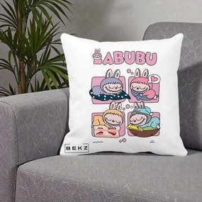 Perna Personalizata Labubu Sleeping Quad Grid, 40x40 cm, Alba Mata, Husa Detasabila, Perna Inclusa, BEKZ®