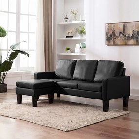 Canapea cu 3 locuri si taburet, negru, piele ecologica Negru