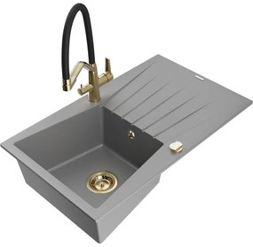 Mexen Cesar chiuvetă de granit cu un compartiment, cu picurător și baterie de bucătărie Duo, Gri - 6514-71-671701-57-G
